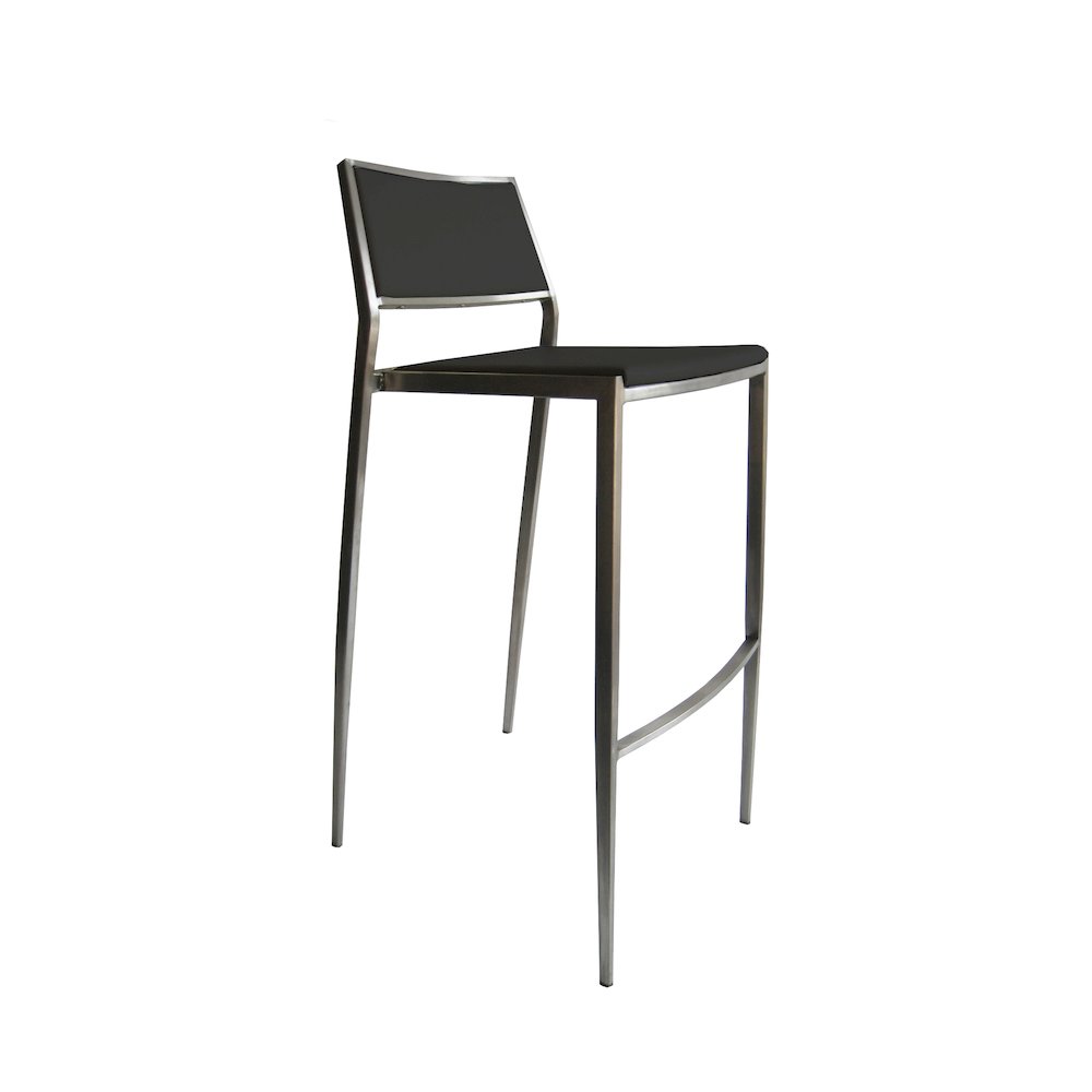 Barstool in Black Regenerated Leather cover and brushed Stainless Steel finish. 
Dimensions:
L 16" x W 16" x H 39". Picture 1