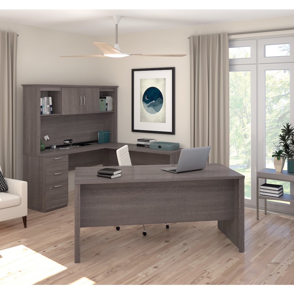 Bestar Logan 66W U or L-Shaped Executive Office Desk with Pedestal and Hutch in bark grey. Picture 7