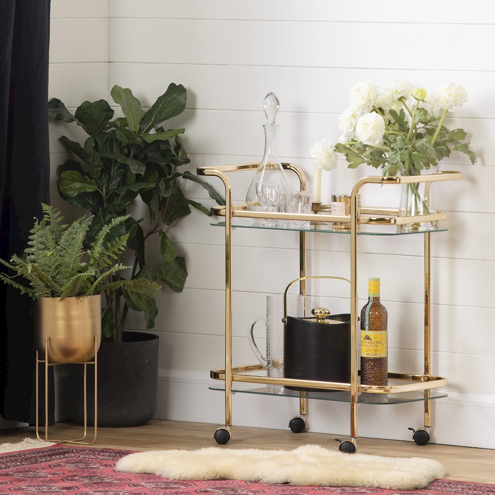 Maliza Bar Cart, Gold and Glass. Picture 3