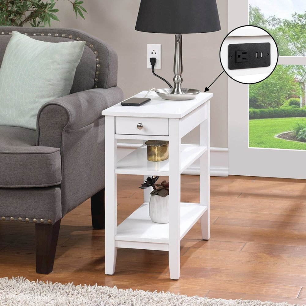 American Heritage 1 Drawer Chairside End Table with Charging Station and Shelves, White. Picture 2