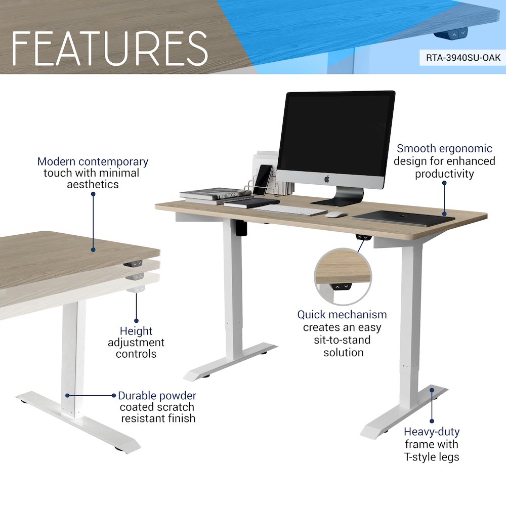 Techni Mobili Power Adjustable Sit to Stand Desk, Oak. Picture 6