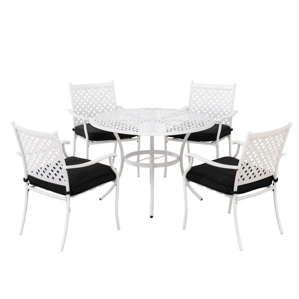 Sunjoy 5-Piece White Steel Lattice Dining Set with Black Seat Cushions. Picture 1