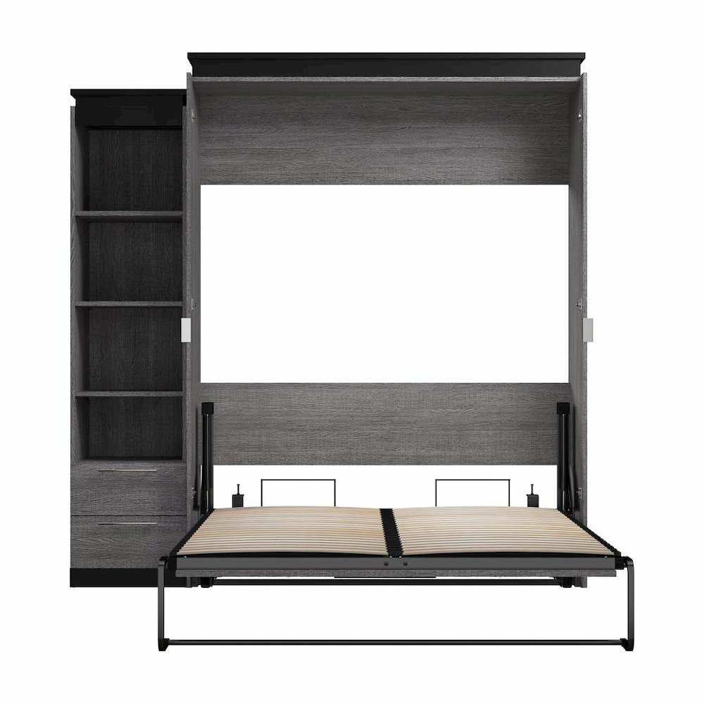 Queen Murphy Bed with Shelves and Drawers (87W) in White and Walnut Grey. Picture 3