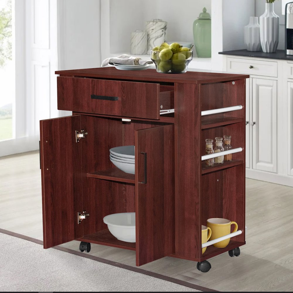 Better Home Products Shelby Rolling Kitchen Cart with Storage Cabinet - Mahogany. Picture 6