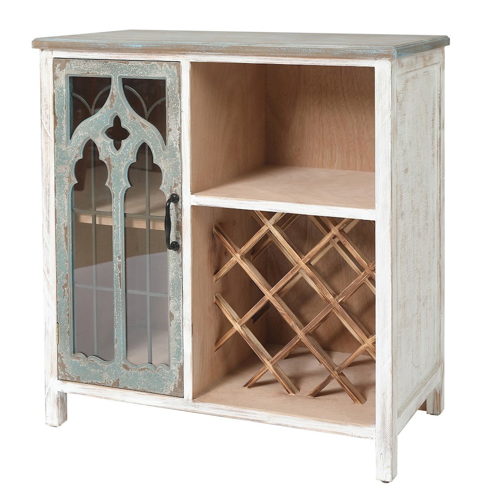 Distressed White and Gray Wood 1-Door Storage Wine Cabinet. Picture 4