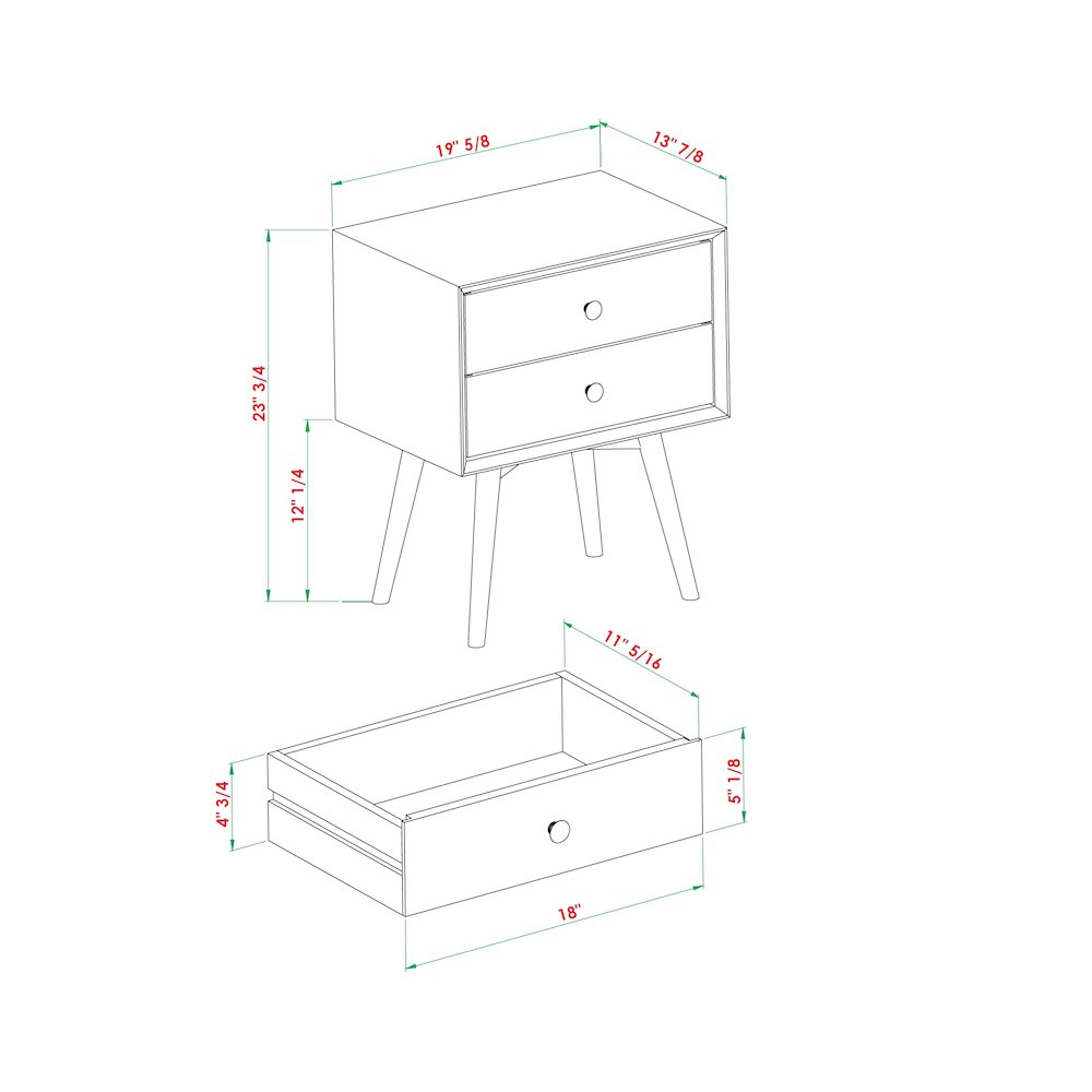 Mid Century Modern 2-Piece 2 Drawer Solid Wood Nightstand Set - Walnut. Picture 5