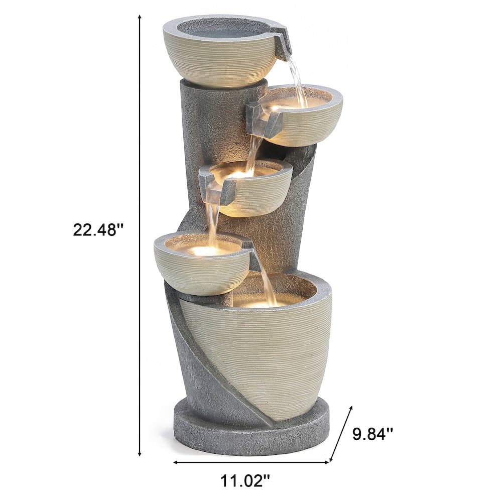 Gray Cascading Bowls and Column Resin Outdoor Fountain with LED Lights. Picture 2