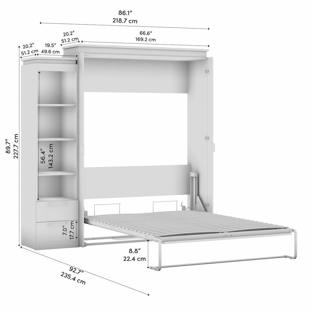 Queen Murphy Bed with Shelves and Drawers (87W) in White and Walnut Grey. Picture 9
