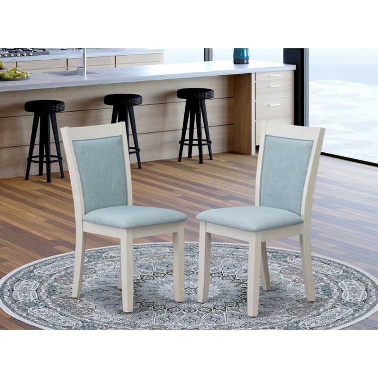 MZC0T15 Dining Room Chairs Set of 2 - Baby Blue Linen Fabric Seat and High Chair Back -Wire Brushed Linen White Finish (SET OF 2). Picture 1