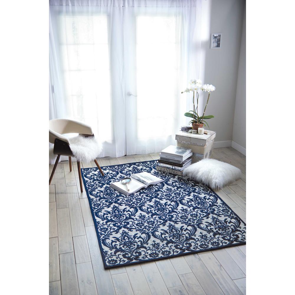 Damask Area Rug, Ivory/Navy, 5' x 7'. Picture 4
