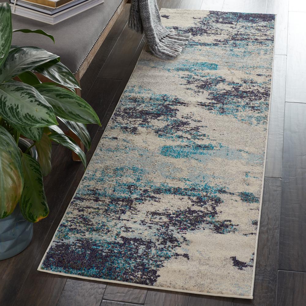 Celestial Area Rug, Ivory/Teal Blue, 2'2" x 12'. Picture 3
