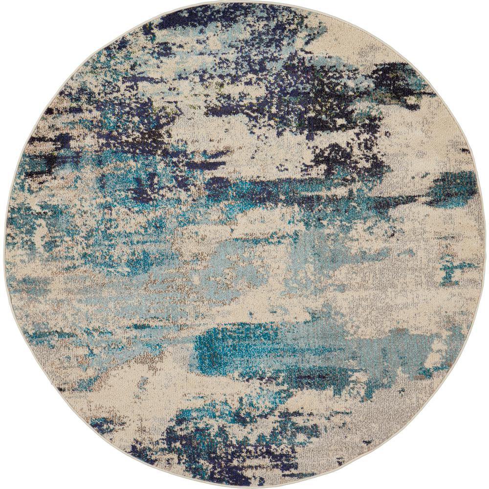Celestial Area Rug, Ivory/Teal Blue, 4' x ROUND. Picture 2