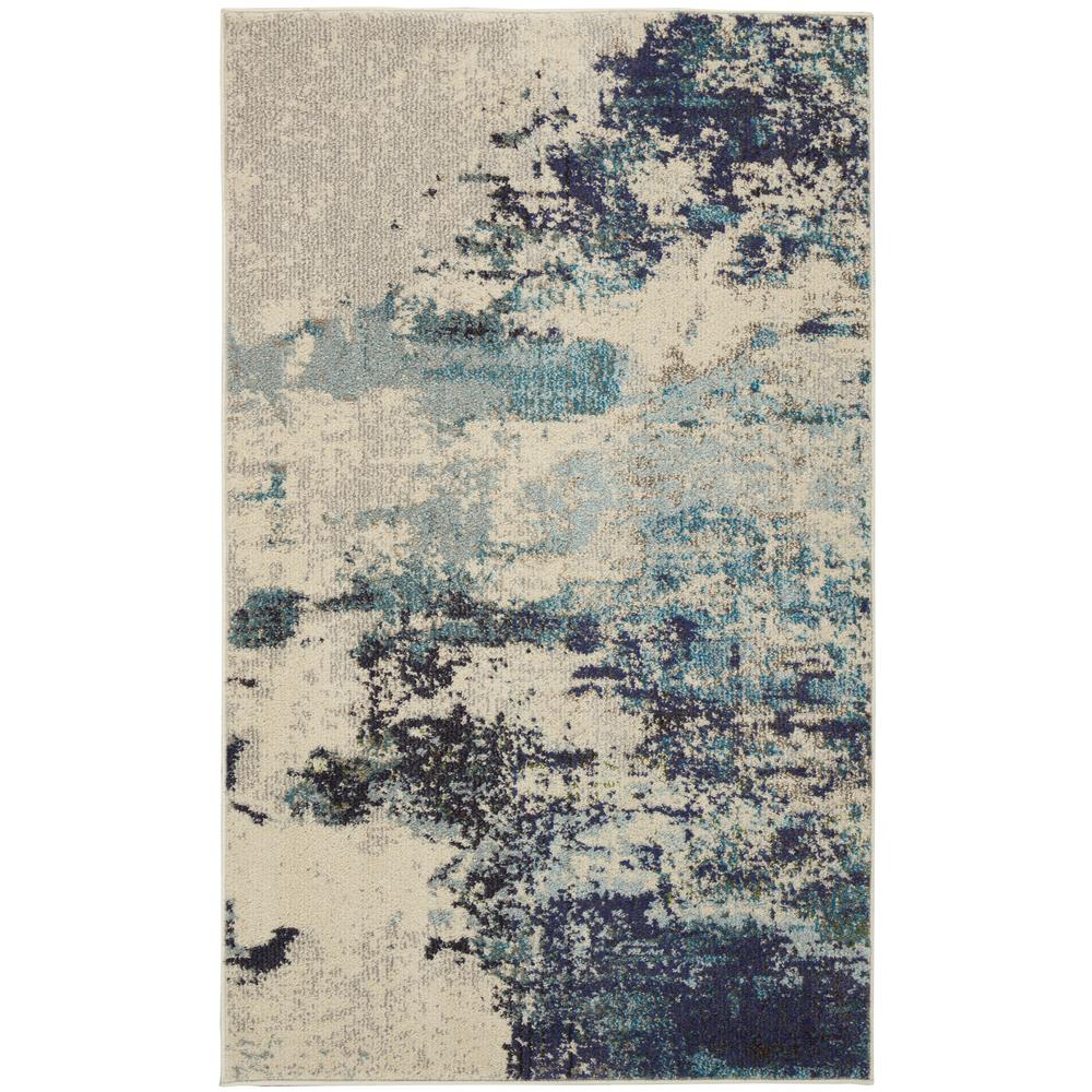 Celestial Area Rug, Ivory/Teal Blue, 3' x 5'. Picture 1