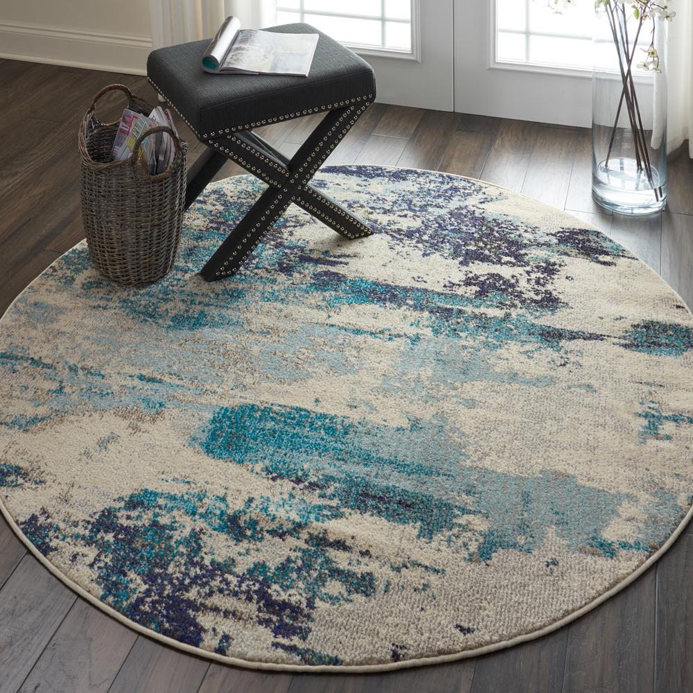 Celestial Area Rug, Ivory/Teal Blue, 5'3" x ROUND. Picture 9