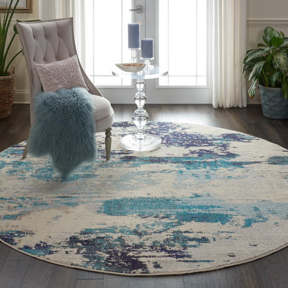 Celestial Area Rug, Ivory/Teal Blue, 7'10" x ROUND. Picture 4