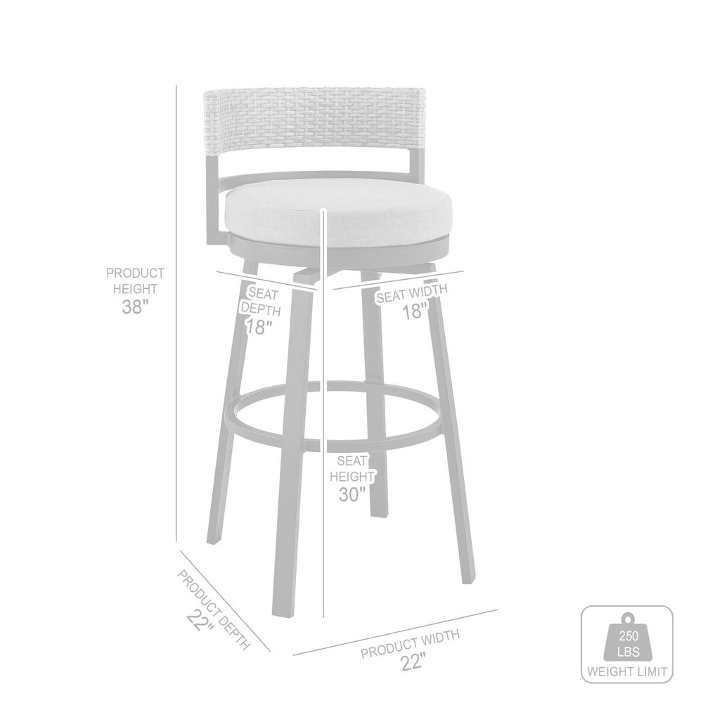 Encinitas Outdoor Patio Swivel Bar Stool in Aluminum and Wicker with Grey Cushions. Picture 8