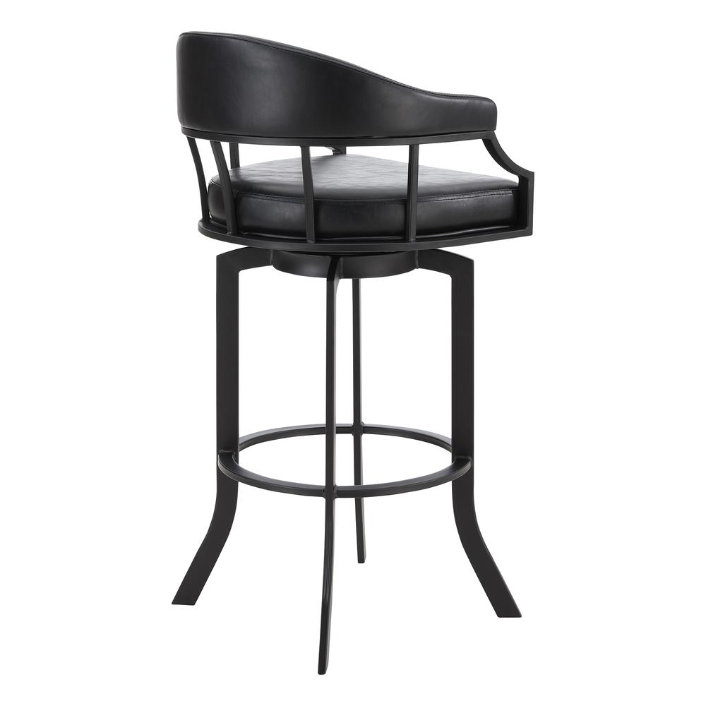Pharaoh Swivel 26" Black Powder Coated and Black Faux Leather Metal Bar Stool. Picture 2