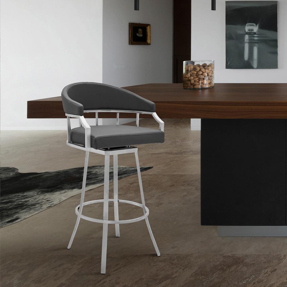 Valerie 26" Counter Height Swivel Modern Faux Leather Bar and Counter Stool in Brushed Stainless Steel Finish. Picture 7