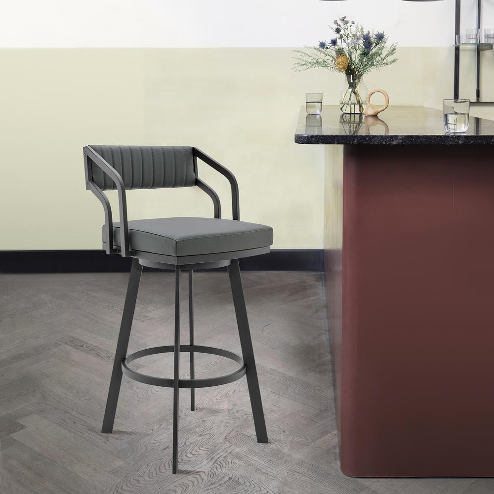 Capri 26" Swivel Modern Black Metal and Slate Gray Faux Leather Bar and Counter Stool. Picture 7