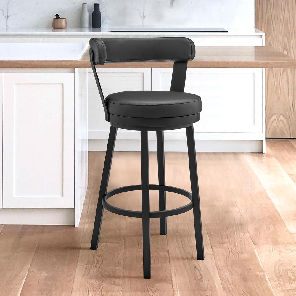 Kobe 26" Counter Height Swivel Bar Stool in Black Finish and Black Faux Leather. Picture 8