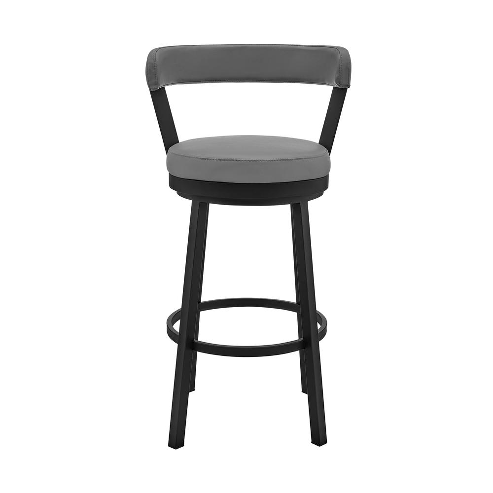 Kobe 30" Bar Height Swivel Bar Stool in Black Finish and Grey Faux Leather. Picture 1