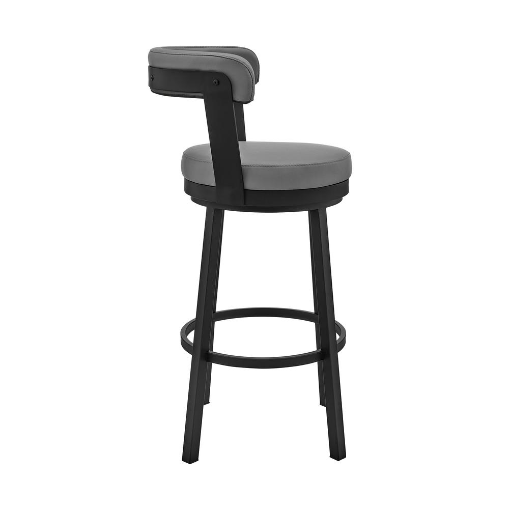 Kobe 30" Bar Height Swivel Bar Stool in Black Finish and Grey Faux Leather. Picture 2