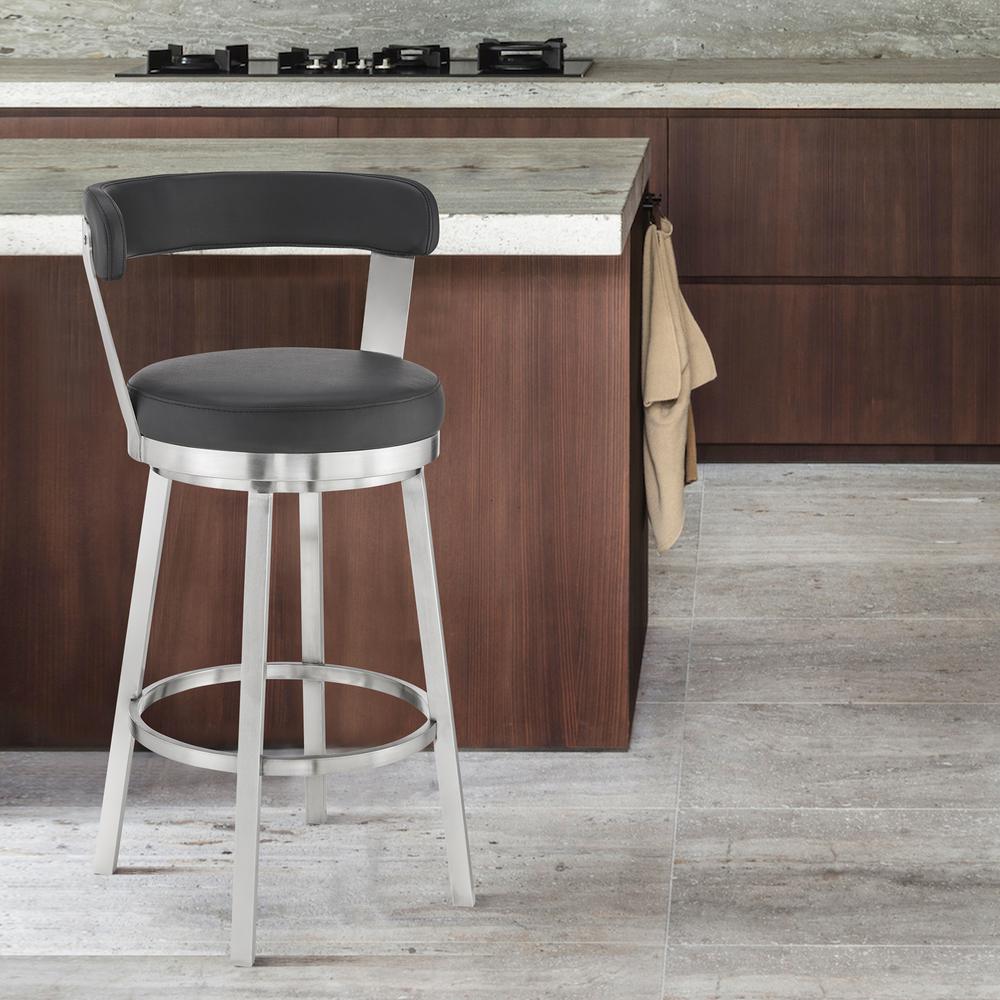 Bryant 26" Counter Height Swivel Bar Stool in Brushed Stainless Steel Finish and Black Faux Leather. Picture 8