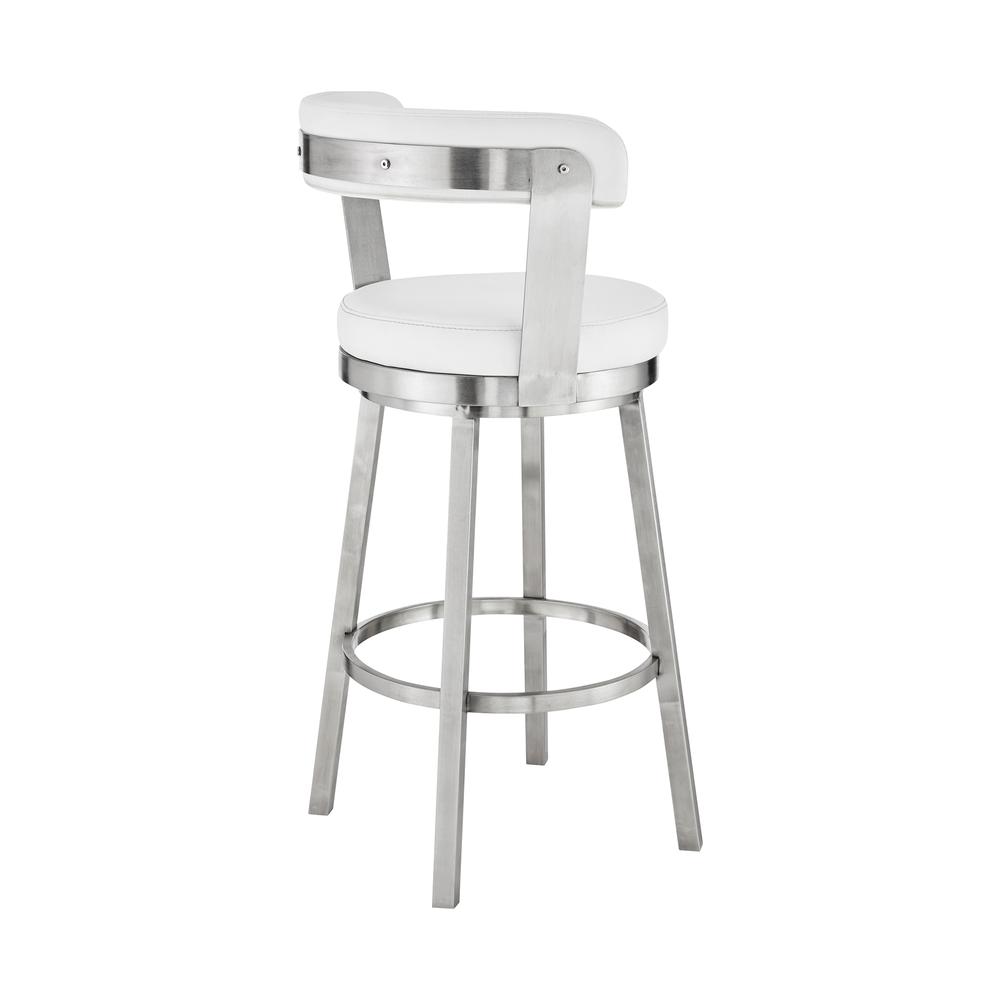 Kobe 26" Counter Height Swivel Bar Stool in Brushed Stainless Steel Finish and White Faux Leather. Picture 3