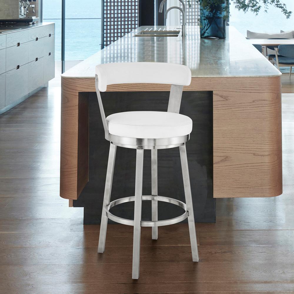 Bryant 26" Counter Height Swivel Bar Stool in Brushed Stainless Steel Finish and White Faux Leather. Picture 8
