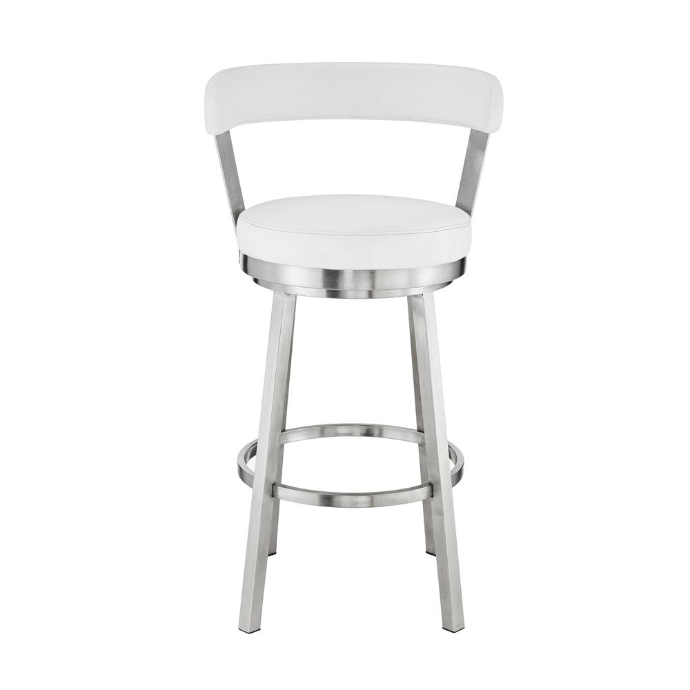 Kobe 30" Bar Height Swivel Bar Stool in Brushed Stainless Steel Finish and White Faux Leather. Picture 1