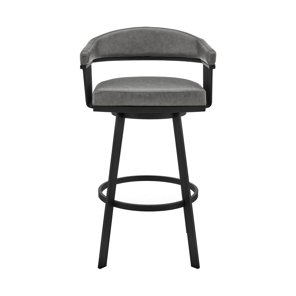 Bronson 29" Bar Height Swivel Bar Stool in Black Finish and Gray Faux Leather. Picture 1