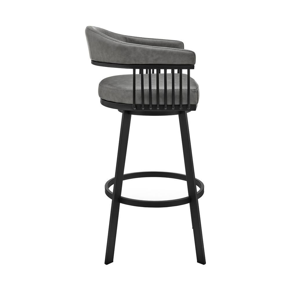 Bronson 29" Bar Height Swivel Bar Stool in Black Finish and Gray Faux Leather. Picture 2