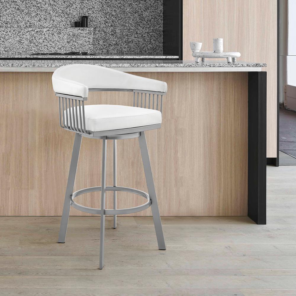 Chelsea 26" Counter Height Swivel Bar Stool in Silver Finish and White Faux Leather. Picture 9