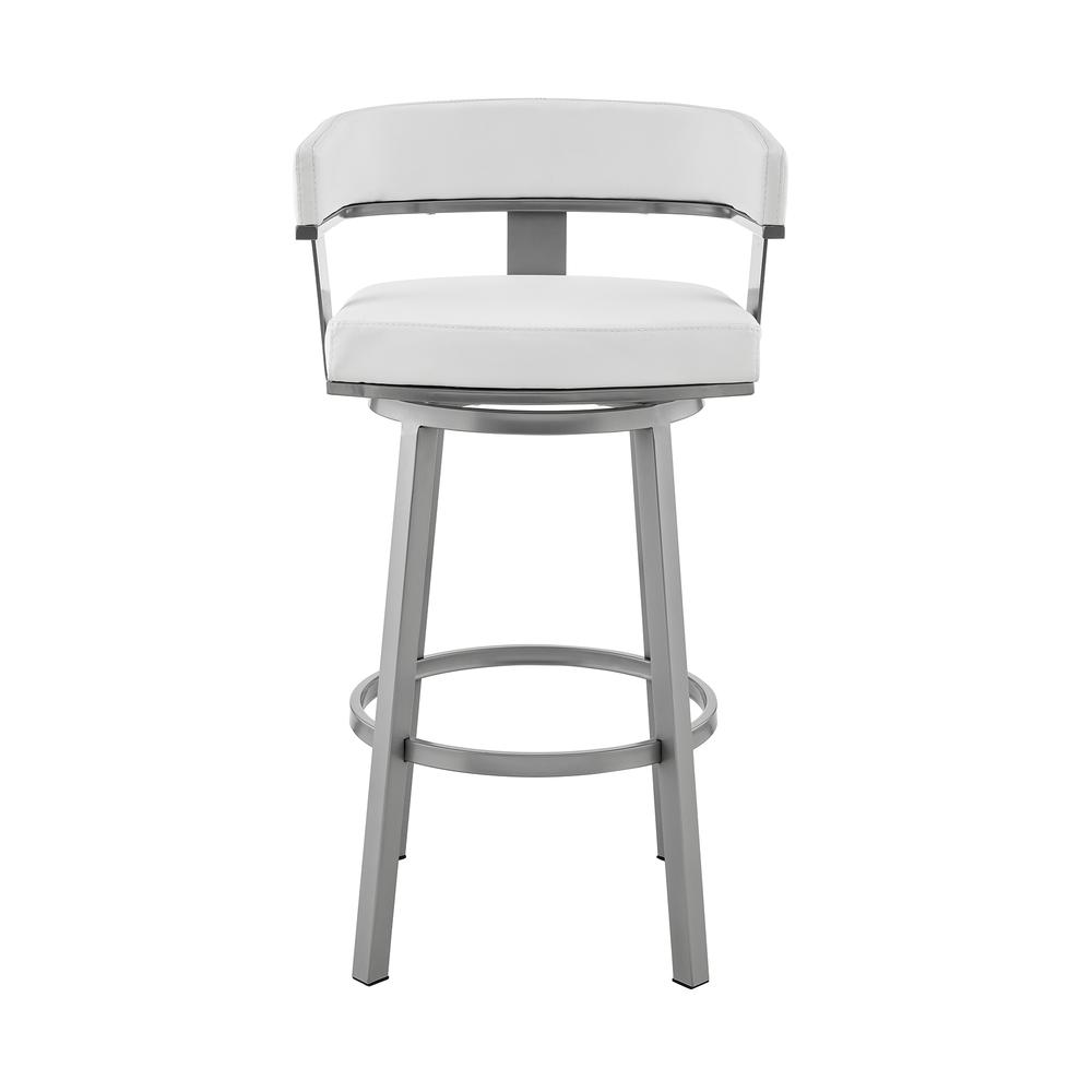 Cohen 30" Bar Height Swivel Bar Stool in Silver Finish with White Faux Leather. Picture 1