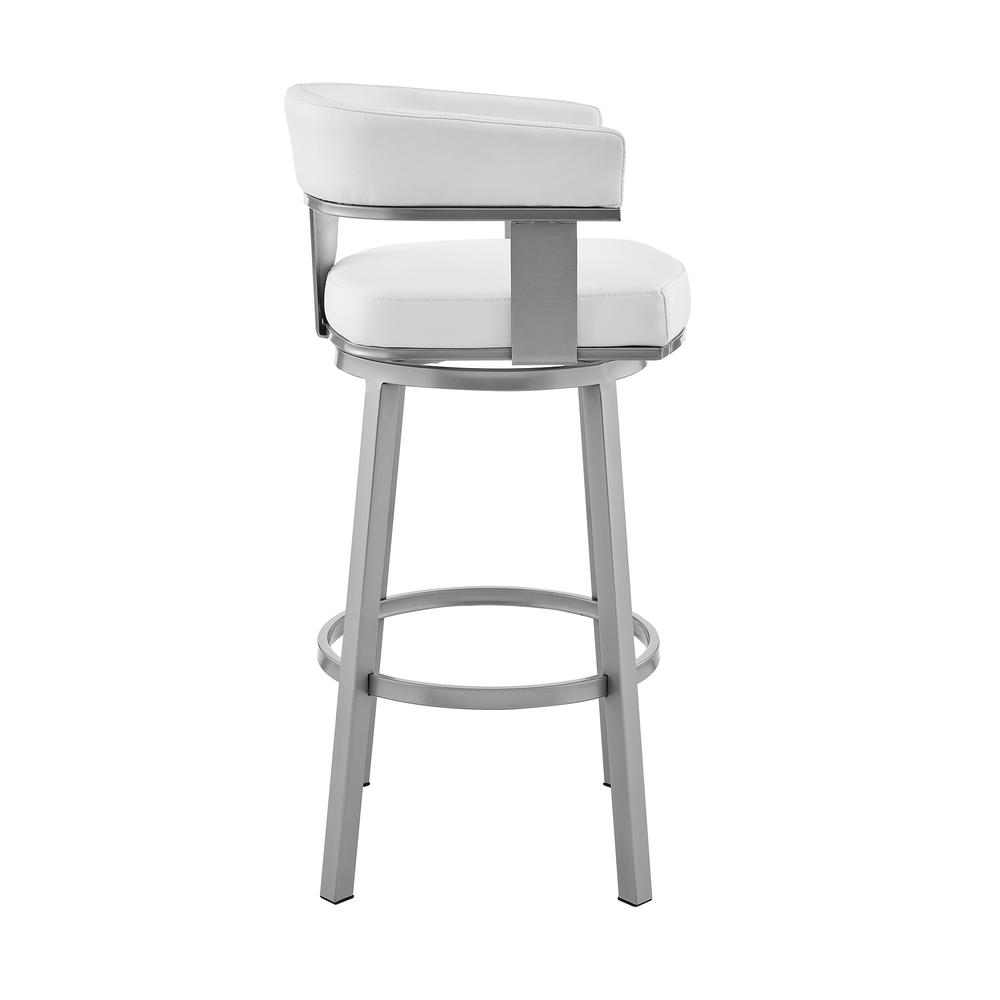 Cohen 30" Bar Height Swivel Bar Stool in Silver Finish with White Faux Leather. Picture 2