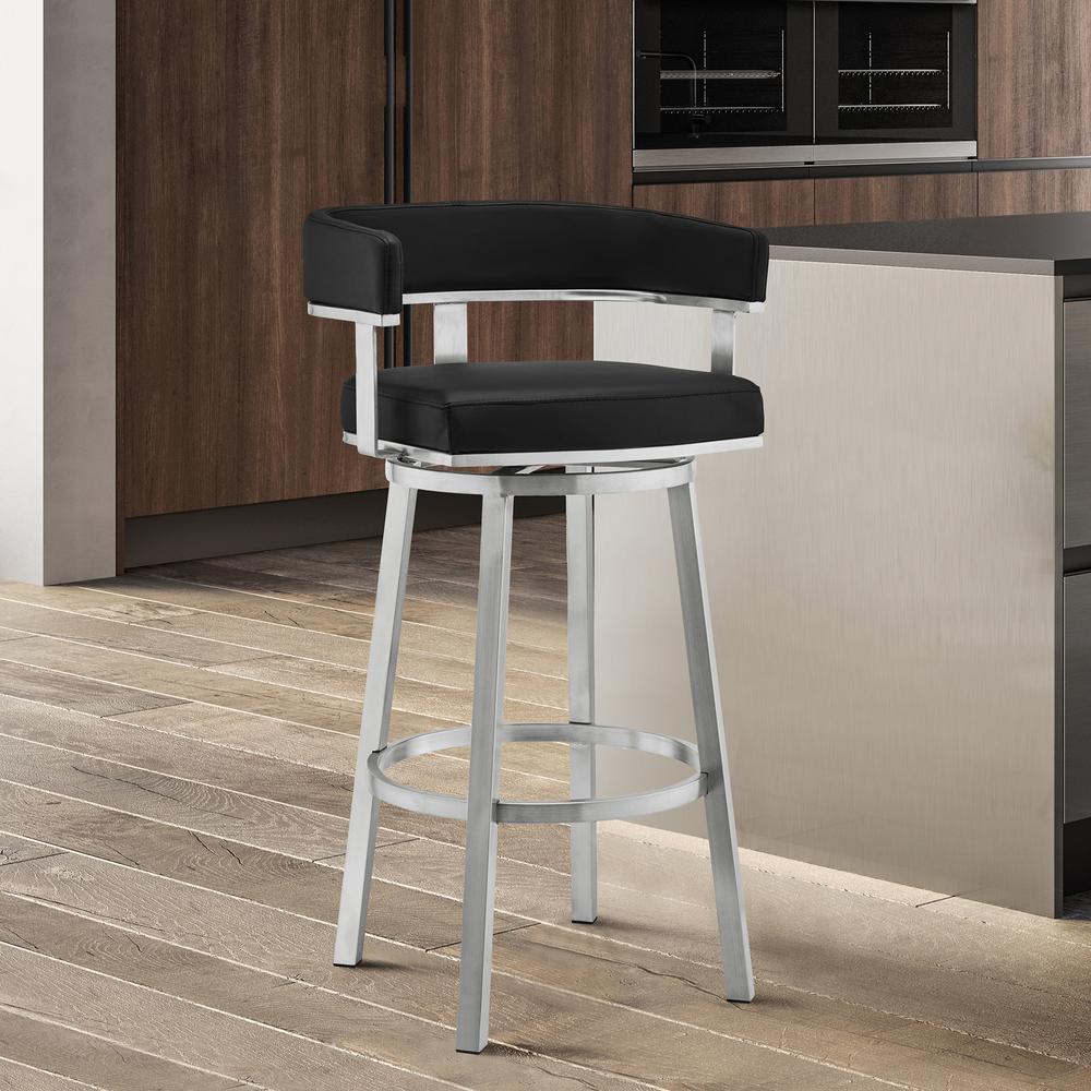 Lorin 30" Black Faux Leather and Brushed Stainless Steel Swivel Bar Stool. Picture 7