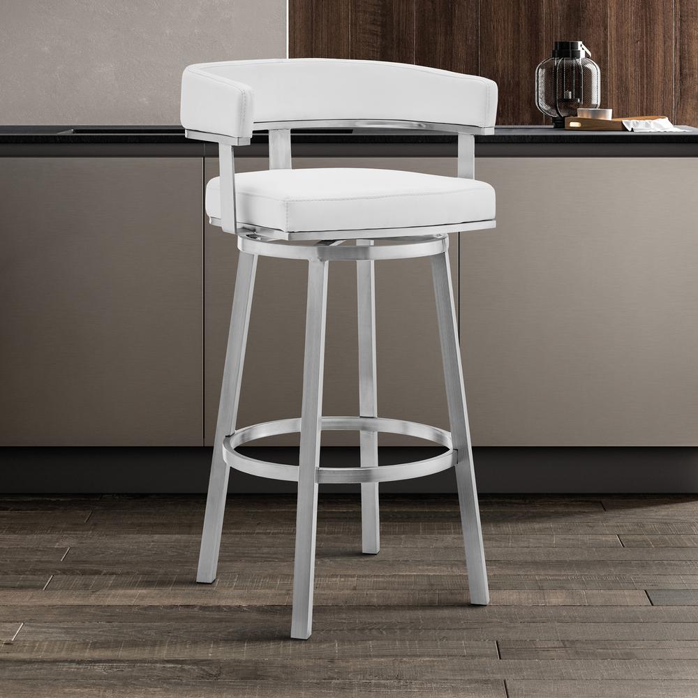 Lorin 26" White Faux Leather and Brushed Stainless Steel Swivel Bar Stool. Picture 7