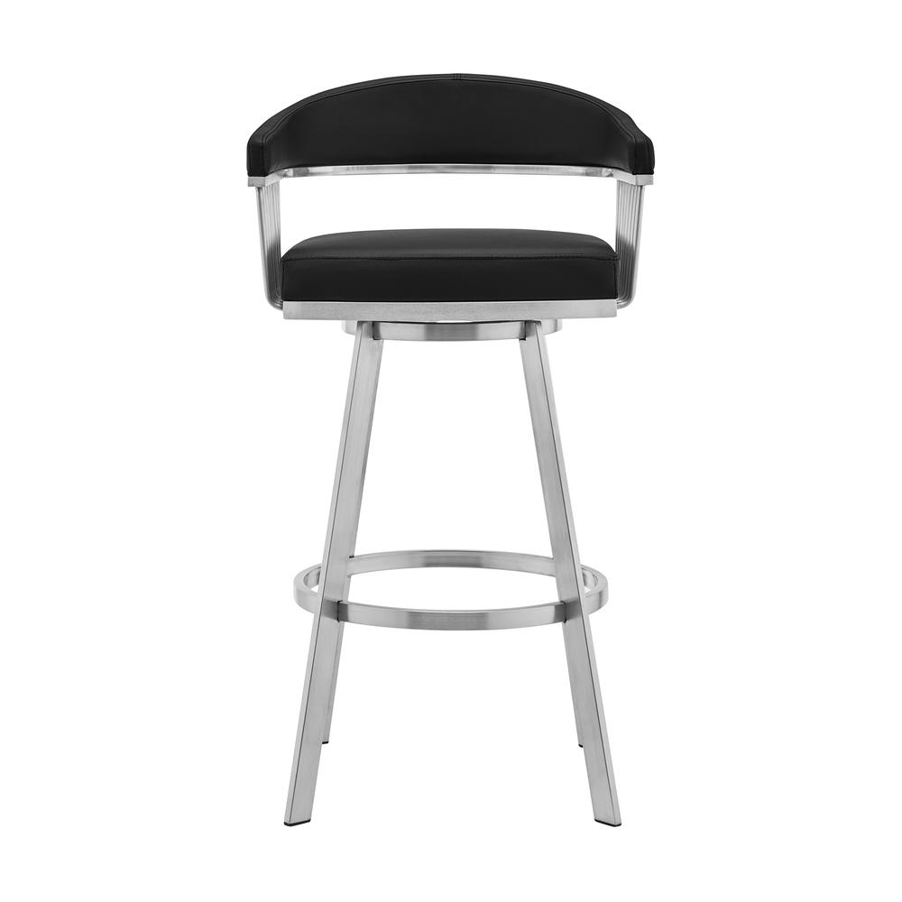 Bronson 25" Black Faux Leather and Brushed Stainless Steel Swivel Bar Stool. Picture 1