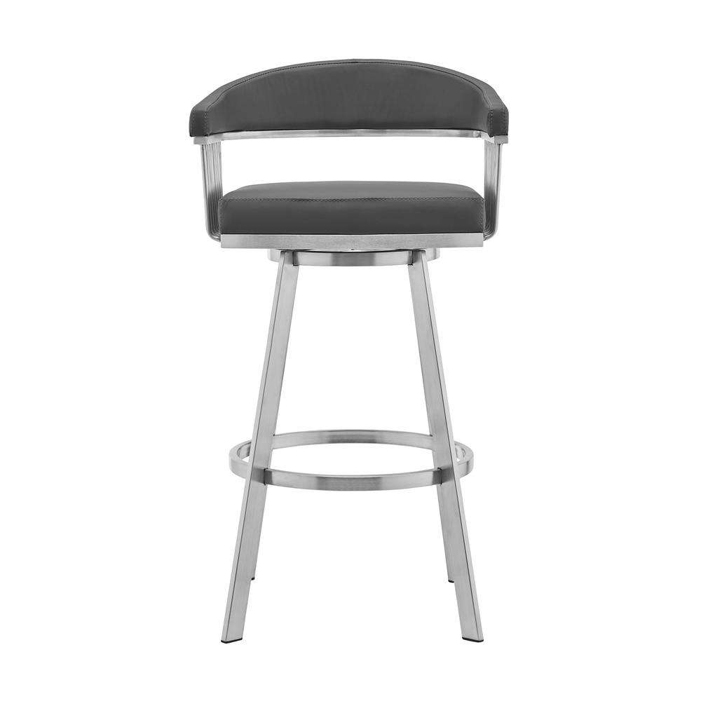 Bronson 29" Gray Faux Leather and Brushed Stainless Steel Swivel Bar Stool. Picture 1