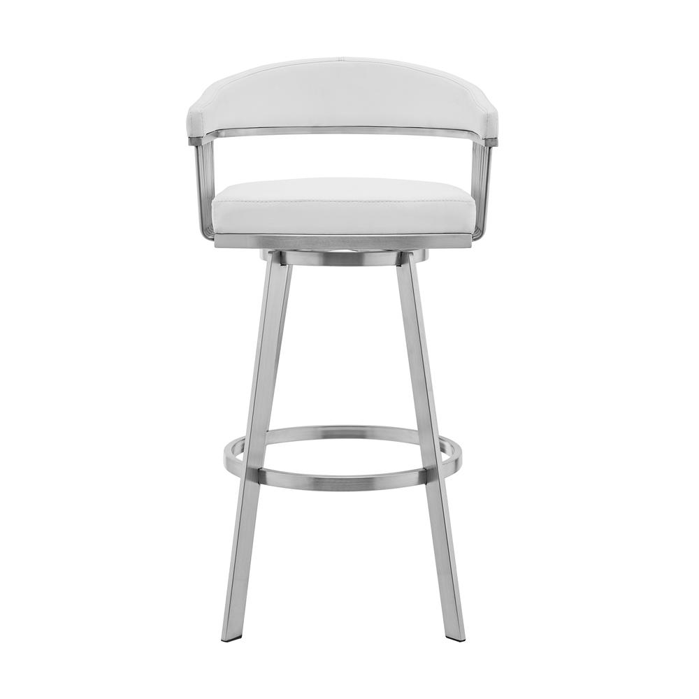 Bronson 25" White Faux Leather and Brushed Stainless Steel Swivel Bar Stool. Picture 1