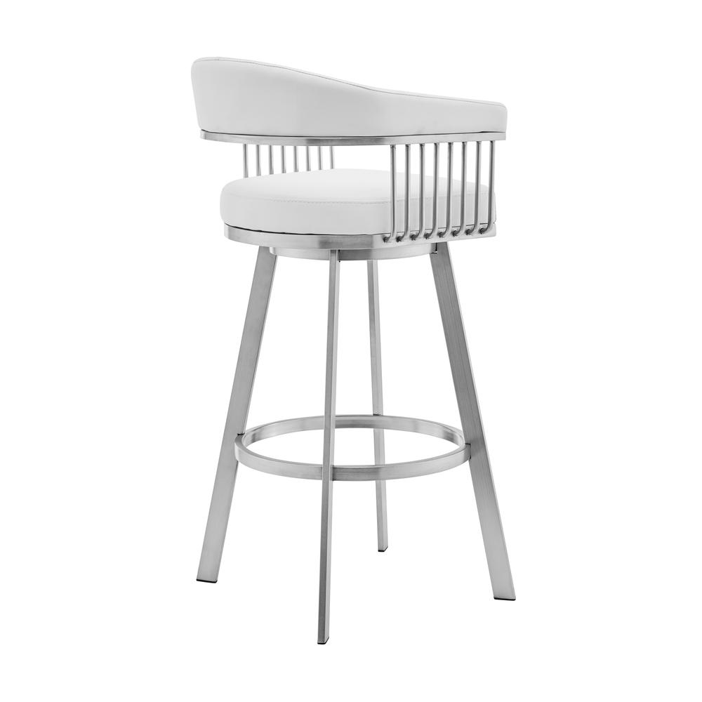 Bronson 25" White Faux Leather and Brushed Stainless Steel Swivel Bar Stool. Picture 2