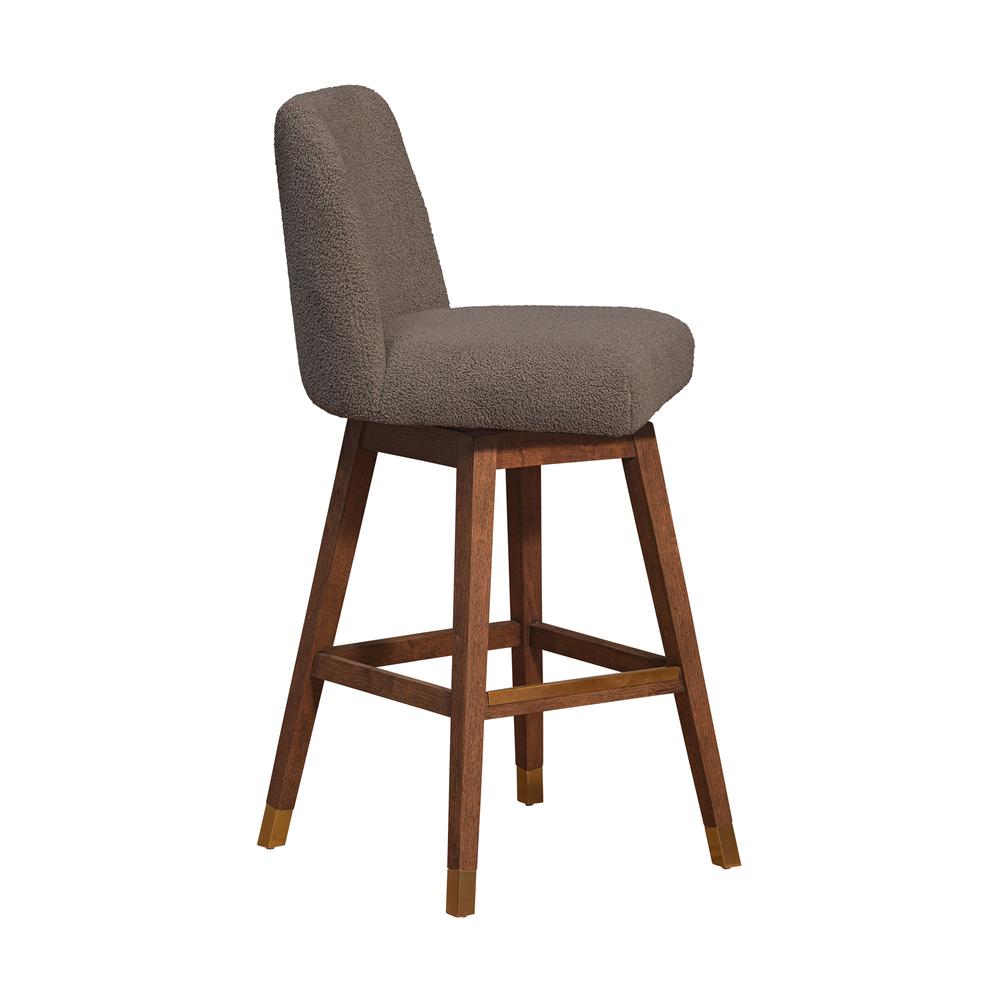 Amalie Swivel Bar Stool in Brown Oak Wood Finish with Taupe Boucle Fabric. Picture 2