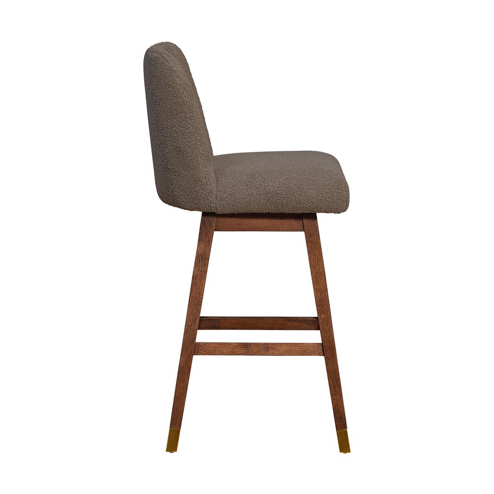 Amalie Swivel Bar Stool in Brown Oak Wood Finish with Taupe Boucle Fabric. Picture 4
