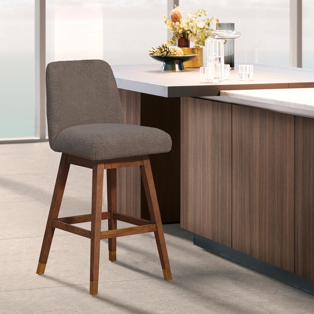 Amalie Swivel Bar Stool in Brown Oak Wood Finish with Taupe Boucle Fabric. Picture 11