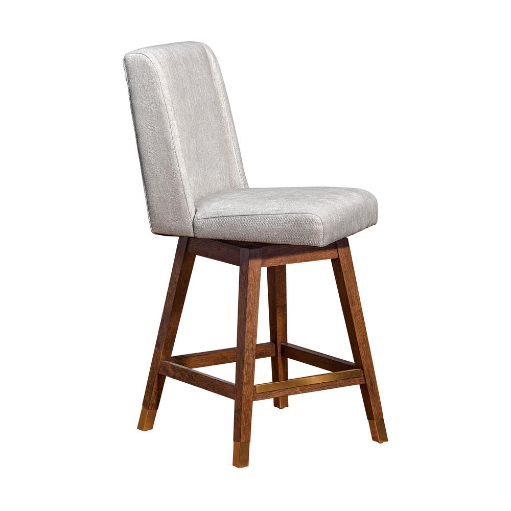 Stancoste Swivel Counter Stool in Brown Oak Wood Finish with Beige Fabric. Picture 1