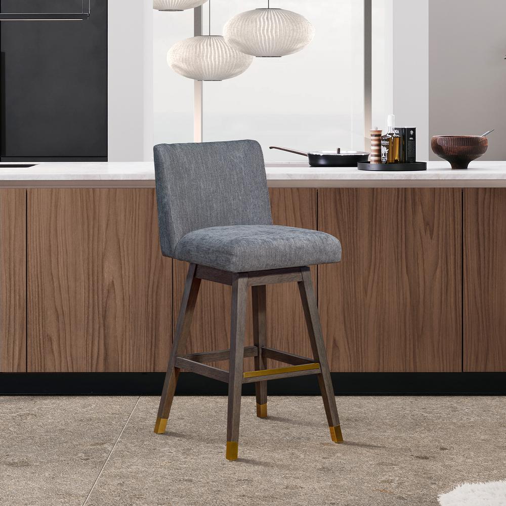 Basila Swivel Counter Stool in Grey Oak Wood Finish with Grey Fabric. Picture 11