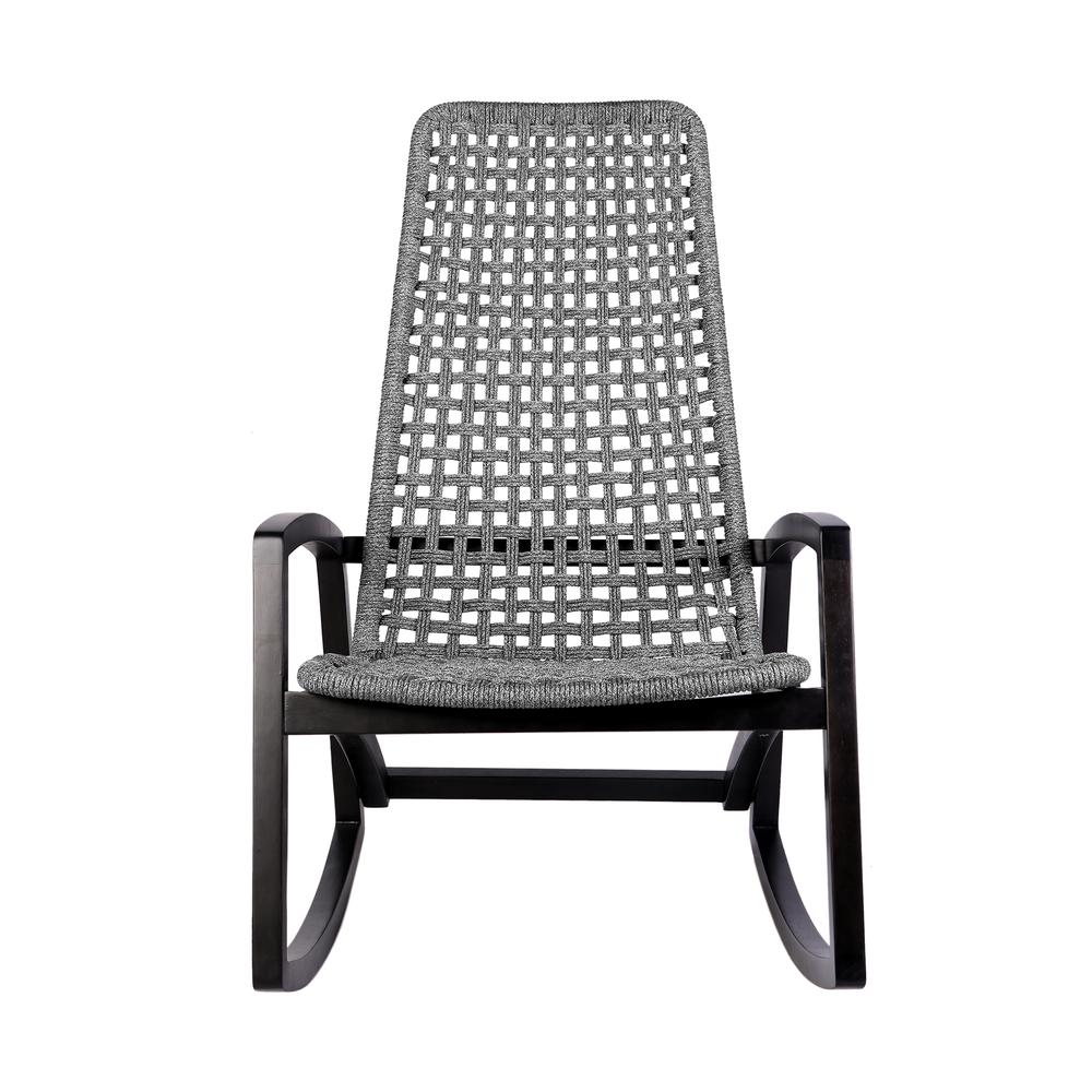 Sequoia Outdoor Patio Rocking Chair in Dark Eucalyptus Wood and Grey Rope. Picture 1