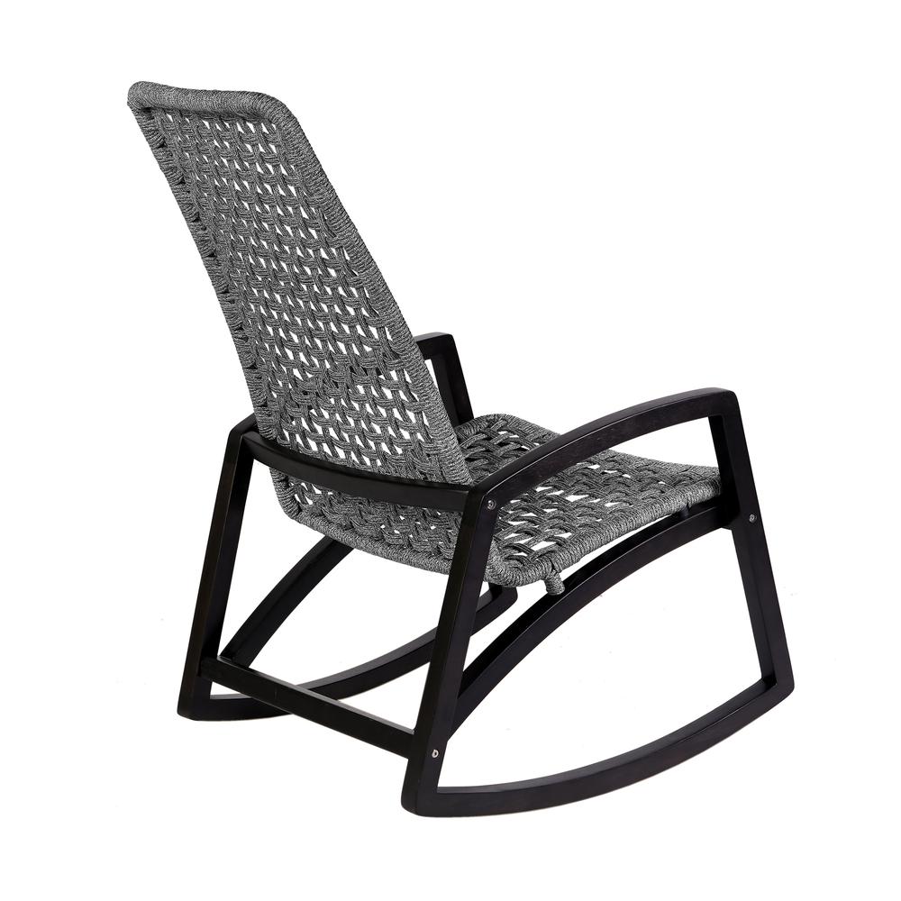 Sequoia Outdoor Patio Rocking Chair in Dark Eucalyptus Wood and Grey Rope. Picture 3