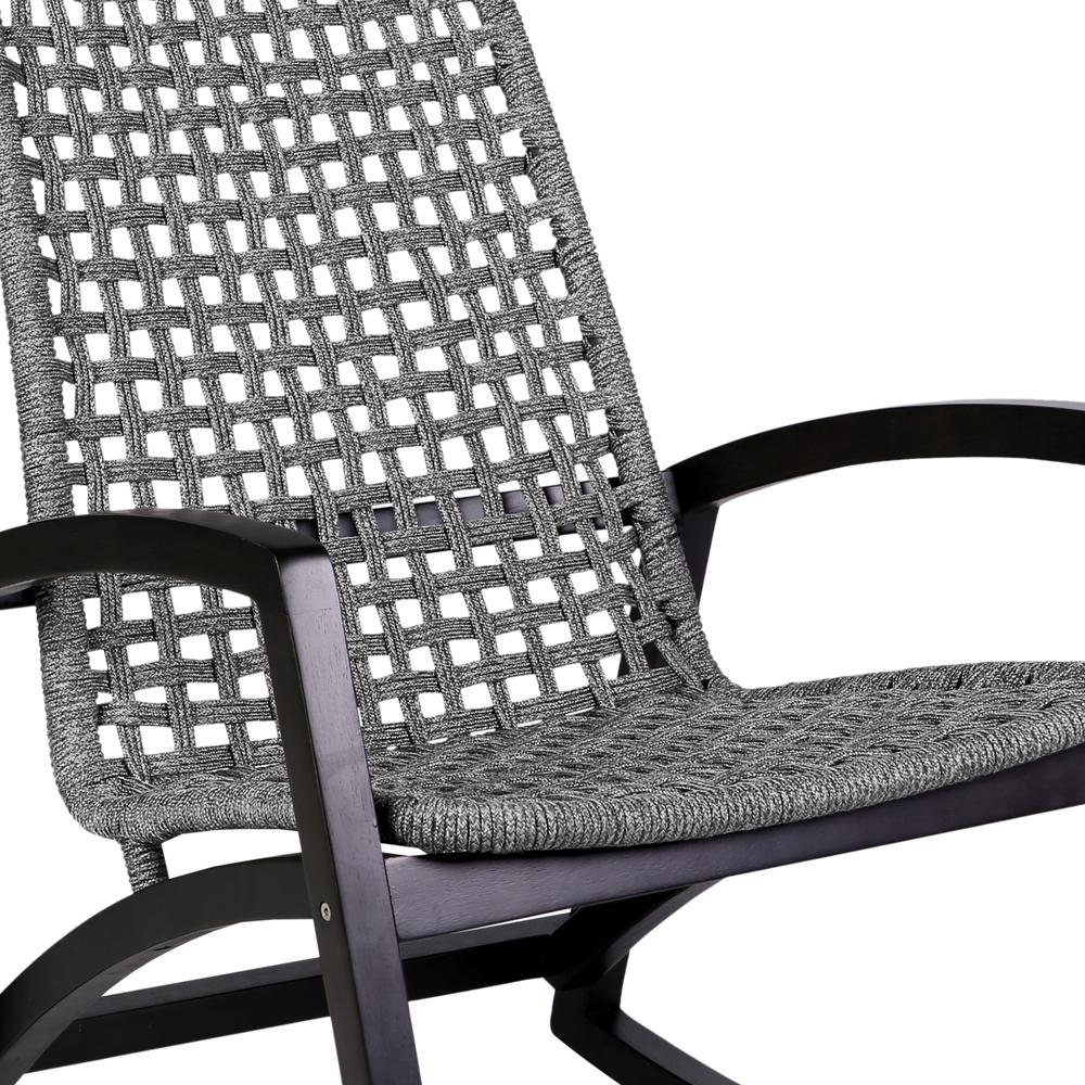 Sequoia Outdoor Patio Rocking Chair in Dark Eucalyptus Wood and Grey Rope. Picture 5