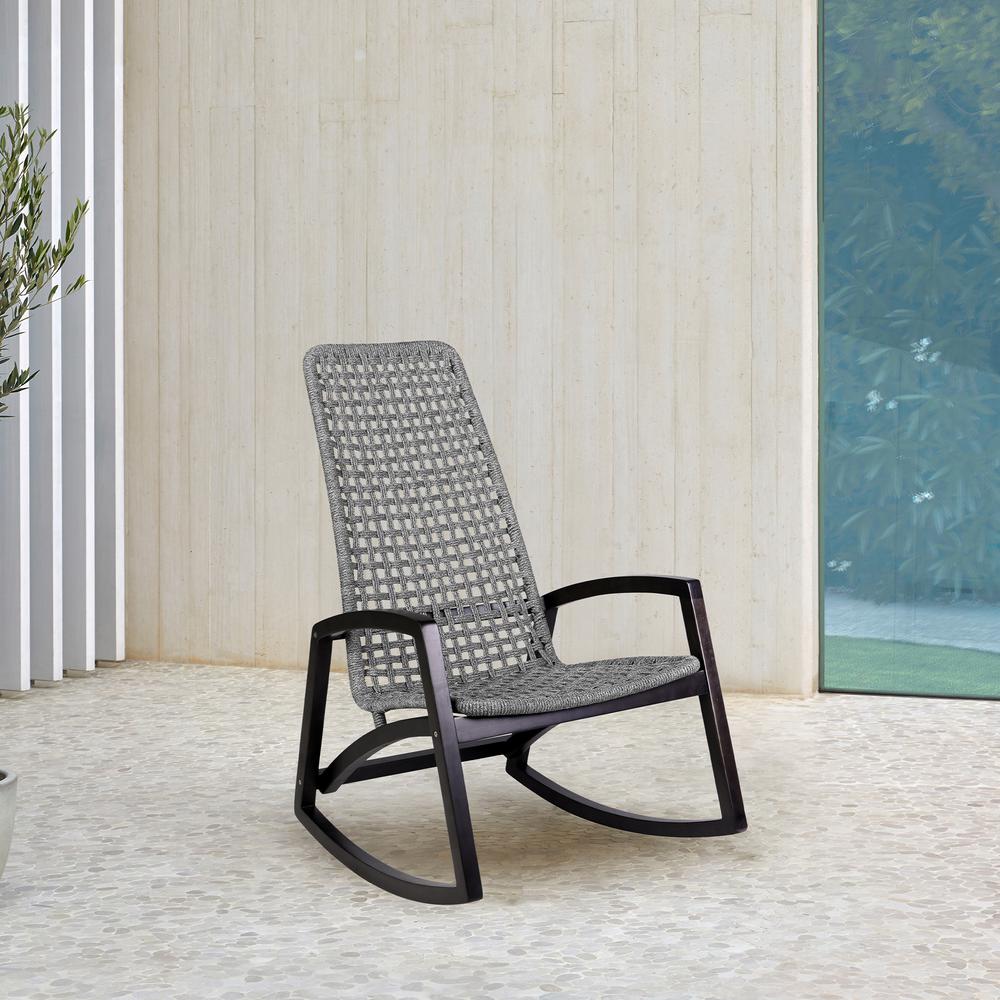 Sequoia Outdoor Patio Rocking Chair in Dark Eucalyptus Wood and Grey Rope. Picture 10